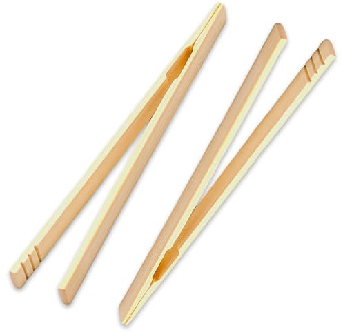 Elkuaie 2PCS Wooden Toaster Tongs, 7 Non-Slip, Bamboo, Light Brown, 26*11*1.2 cm
