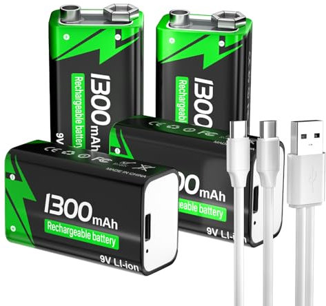 Piles 9V Rechargeables, 9 Volt Piles Carrées Lithium-ION Batteries USB-C Charge avec 2 en 1 Câble de Chargement pour Microphone, Détecteur de fumée, Jouets électroniques etc (Lot de 4)