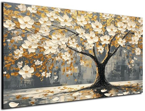 DARO Design® Bild auf Leinwand Groß 84x56 cm XXL Wohnzimmer Deko Modern Wandbild Kunstdruck auf Leinwand Bild Schlafzimmer über Bett Room Decor Geschenke Abstrakt Baum Blumen Weiß Natur Kunst