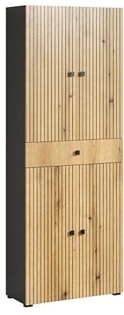 trendteam smart living - PureBliss - Hochschrank breit - Anthrazit/Evoke Eiche - Rillenoptik - 1 Schublade + 4 Einlegeböden - (BxHxT) 70 x 186 x 31cm - Badschrank mit edlen Metallgriffen