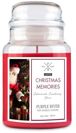 Purple River Candle Große Duftkerze im Glas mit Deckel | Christmas Memories | Duftkerze Weihnachten | Kerzen Lange Brenndauer (140h) | Duftkerzen Sojawachs | Kerzen Rot (623g)