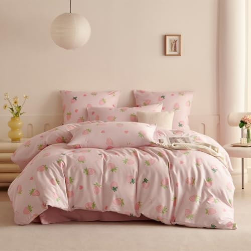 Freyamy Bettwäsche Set 200x200 cm, Rosa Erdbeere Liebemuster, 3teilig Mikrofaser Herz Bettwäsche-Set für Damen,Weich & Kuschelig, 1 Bettbezug mit Reißverschluss + 2 Kissenbezug 80x80 cm
