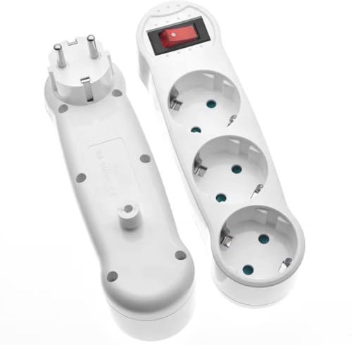 Enchufes Múltiple con Interruptor y 3 Enchufes Schuko, Adaptador de Enchufes con Interruptor Seguridad, Ladron de Enchufe Portátil para Hogar y Oficina, Máx 3680W, 16A, 250V, Blanco