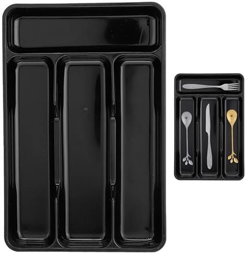 Soporte para cubiertos Cajón para utensilios de cocina pequeño Organizador de plástico Soporte para cubiertos de plástico con 4 compartimentos Bandeja para Organizador de Negro