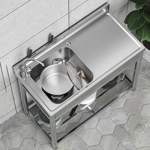 Lavello Indipendente in Acciaio Inox con Rubinetto e Kit di scarico, Lavatoio da Giardino Esterno con Piano di Lavoro, Scaffale portaoggetti per Interni Esterni, 100x50x90 cm
