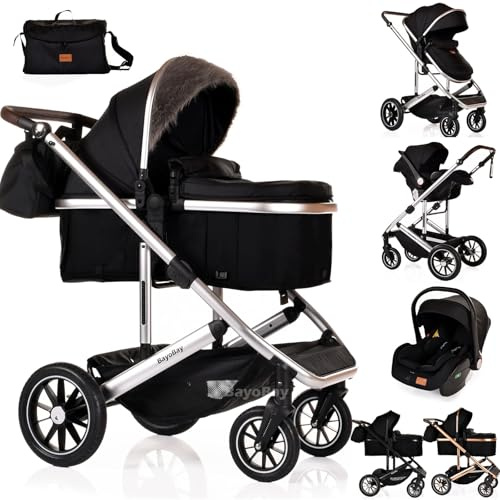 3 in 1 Travel System Baby Pram Buggy with Car Seat Pushchair Carriage Child Lightweight Folding Stroller for Newborns Toddlers from Birth up to 22kg New 2025 Style (BB1 - Black Silver, BB1)