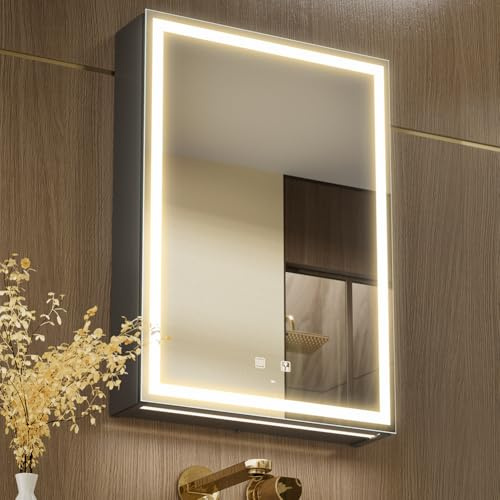 KWW 50 x 70 cm Großer LED-Badezimmerschrank aus Aluminium mit Spiegel | Lichtsteuerung, Anti-Beschlag, Steckdosen und USB, Viel Stauraum, Einfache Montage