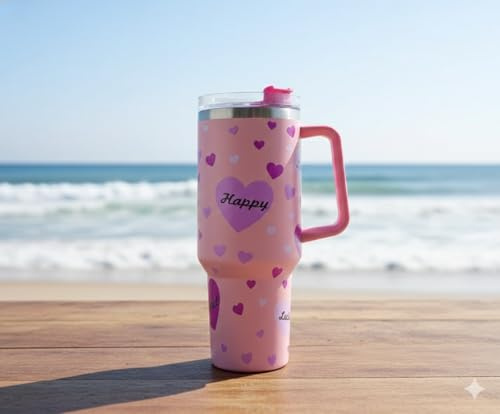 Aafan Travel Mug Heart Printed, Stainless Steel Thermal-Mug, Coffee to go Cup, 100% Leakproof, Keeps hot for 7 Hours, Insulated Reusable Coffee Mug (Light Pink)