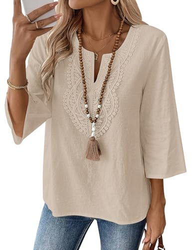 Rapbin Womens Tops 3/4 Sleeve V Neck Cotton Linen Casual Blouses Loose Fit Boho Lace Tunic