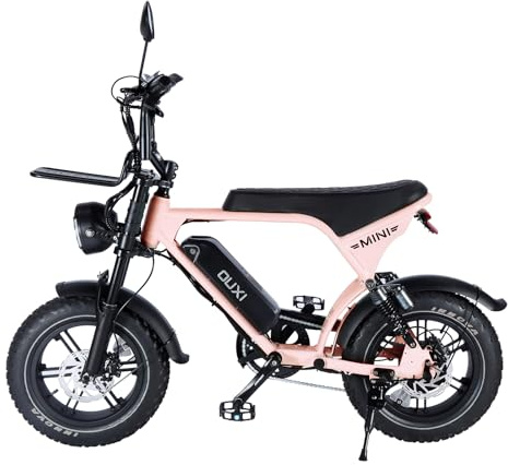OUXI Ultra Mini E-Bike 16 Zoll Fatbike Elektrofahrrad, 250W Motor 60Nm, 36V 10.4Ah Akku, Hydraulische Scheibenbremsen, Vollfederung, Frontgepäckträger, Kompakt Pedelec für Herren Damen (Rosa)