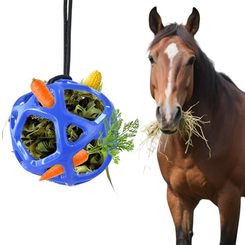 Heuball Pferd Ø28 cm, Großer Futterball Pferd zum Befüllen mit Heu & Karotten, Hängender Slow Feeder Pferd Spielzeug gegen Langeweile & Stressabbau, Pferdespielzeug für Stall Weide (Heuball Blau)
