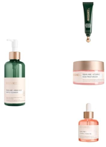 BIOSSANCE Brightening Core Routine Skincare Set - Cleanser, Niacinamide Eye Serum, Vitamin C Moisturiser & Rose Oil - Dark Circles, Glow & Hydration - Squalane Set