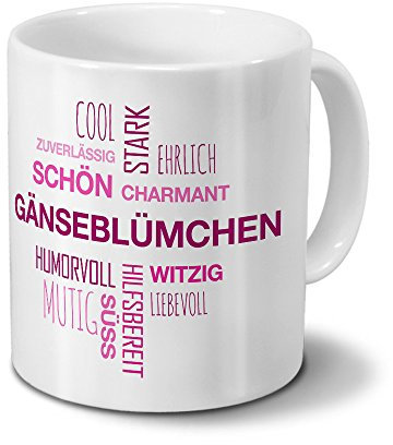 printplanet Tasse mit Namen Gänseblümchen Positive Eigenschaften Tagcloud - Pink - Namenstasse, Kaffeebecher, Mug, Becher, Kaffeetasse