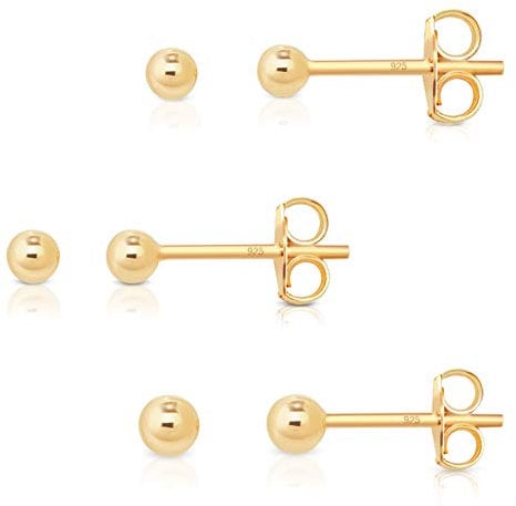 DTPsilver® 3 Paare WINZIGE/KLEINE Ohrringe 925 Sterling Silber Gelb Vergoldet - Runde Kugel Ohrstecker - Durchmesser: 2, 3, 4 mm
