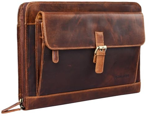 STILORD 'Emilius' Aktenmappe Leder A4 Vintage Konferenzmappe mit Reißverschluss Schreibmappe für 13,3 Zoll Laptop MacBook elegante Konferenzmappe Echtleder, Farbe:kara - cognac