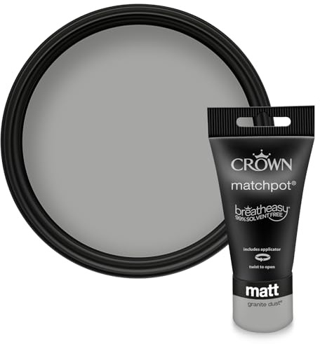 Crown WALLS & CEILINGS Grey Matt Paint Tester Pot - Sample 40ml | Try Granite Dust before you buy. See the true colour on your wall, in your own light. Low VOC, low odour, breatheasy