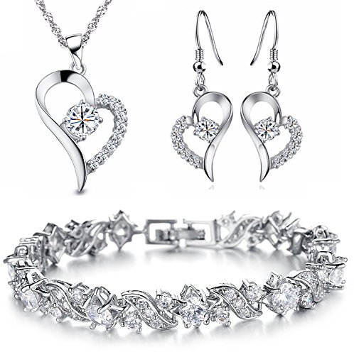 Kim Johanson Damen Schmuckset *White Heart* in Silber I Halskette mit Anhänger & Ohrringe aus Edelstahl I Armband rhodiniert I Mit weißen Kristallen besetzt inkl. Schmuckbeutel
