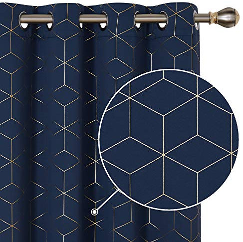 Deconovo Verdunkelungsvorhänge mit Ösen, Blickdichte Gardinen, Vorhang mit Muster für Schlafzimmer, 229x117 cm(HöhexBreite), Dunkelblau, 2er Set