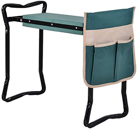 Outsunny Taburete de Jardín Plegable con Bolsa para Herramientas Protección Cojín Rodillas Asiento de Jardín con Almohadilla Altura Ajustable Soporta un máximo 150kg Color Verde Negro