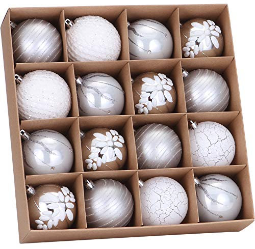 Sea Team 80mm/3.15 Delicate Contrast Color Theme Painting & Glittering Christmas Tree Pendants Decorative Hanging Christmas Baubles Balls Ornaments Set - 16 Pieces (Silver & White)
