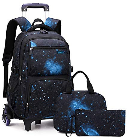 MITOWERMI Jungen Rollrucksäcke Kindergepäck Rolltaschen Kinder Trolley Schultaschen Weltraum Sternenhimmel Bedruckte langlebige Büchertasche, 3xschwarz-blauer Sternenhimmel, 6 Räder, 3-teiliges Set