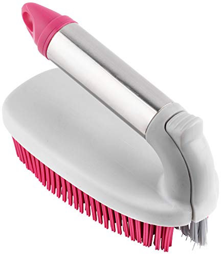 Kleeneze KL078957EU7 2 in 1 Scrubbing Brush - Rubber Bristles, Crevice Cleaning Brush, Removable Thin Brush for Cleaning Tiles, Grout and Hard to Reach Areas, Bathroom/Kitchen Scrubber, Pink/Grey