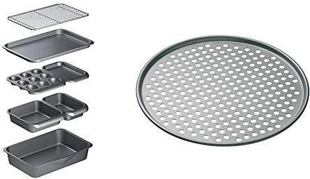 MasterClass Smart Space Stacking Non-Stick Bakeware Set, 7 Piece Baking Trays, Gift Boxed & 32 cm Perforated Pizza Tray with PFOA Non Stick, Robust 1 mm Thick Carbon Steel