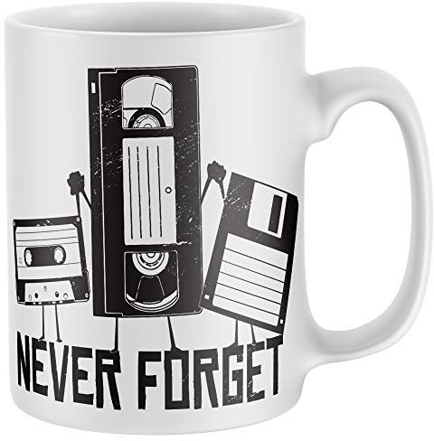 Purple Print House Never Forget Cassette Tap Floppy Disk Retro Funny Mug, Novelty Mugs, Funny Gifts for Men Office Birthday 80s 90s, White, One Size
