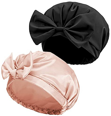Reusable Bow Bath Cap Waterproof Shower Bonnet Turban Shower Hat Adjustable Bath Cap for Women Girl Beauty Hair Spa (Pink+Black)