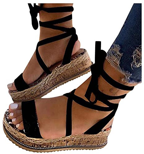 XinxHe Alpargatas para mujer, plataforma con cintas para cordones, sandalias de verano con forma plana, zapatos de playa, bonitos zapatos de verano, elegantes sandalias de cuña, sandalias informales,