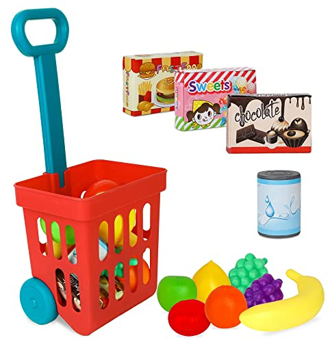 Playkidz Toy Shopping Cart Play Set, Plastic Food Toys, Interactive Play Set, Learning Resources & Pretend Play Fun, Ages 3+