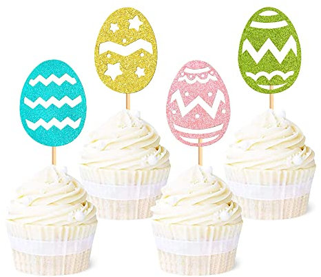 Blumomon 24Pcs Easter Eggs Cupcakes Glitter Happy Easter Cupcake Toppers Chick Egg Cake Toppers for Easter Party Cake Decorations