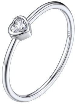 Silvora Zirkonia Ring mit Herz Weißer Zirkon im Facettiert Prisma Geschnitten Sterling Silber 925 Schmaler Solitaire Schwanzring Ringgröße 54（17.3） in Silber für Geburtstag Valentinstag Jubiläum