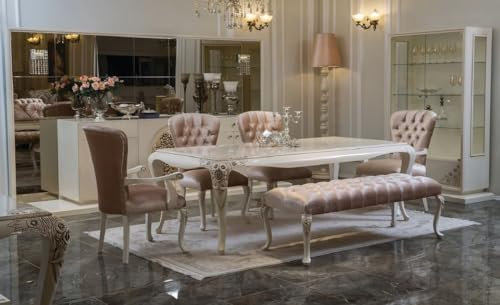 Casa Padrino Luxus Barock Esszimmer Set Rosa/Weiß/Beige - 1 Esszimmertisch & 4 Esszimmerstühle & 1 Sitzbank - Barock Esszimmer Möbel