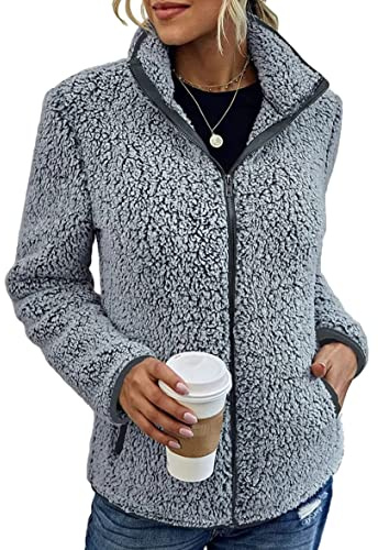 shownicer Donna Giacca con Cerniera Integrale in Pile Manica Lunga Casuale Giacca Tinta Unita Caldo Cappotto con Tasche Autunno Invernali