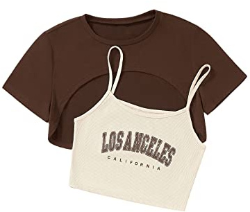 GORGLITTER Cami Crop Top Damen Y2k Top 90s Crop T-Shirt Set Top Set Bauchfrei Oberteil Los Angeles Tshirt Braun und Beige S