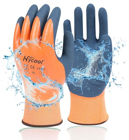 DS Safety Arbeitshandschuhe Herren und Damen - Wasserdichte Gartenhandschuhe mit Schaumlatex und Gummibeschichtung Handschuhe (1 Paar-Orange) Größe 8/M