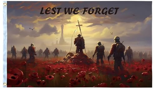 Lest We Forget Flag 5ft x 3ft Remembrance Day Flag Remembrance Sunday Poppy Banner Polyester Double Stitched with Brass Grommets for War Heroes, Soldiers & Armed Forces Decorations