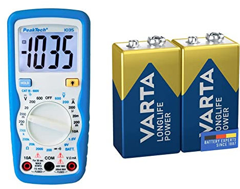 PeakTech Kompaktes Digital-Multimeter P1035, Gleichstrom und Widerstand, Blau, Weiß & VARTA Batterien 9V Blockbatterie, 2 Stück, Longlife Power, Alkaline, für Rauchmelder, Brand- & Feuermelder