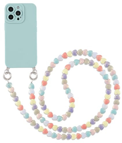 Pnakqil Coque avec Cordon pour iPhone 12 6.1 de Cœur Perles Corde Collier, Étui Silicone TPU Antichoc Bumper Housse avec Bijoux Cordage Crossbody Chaîne Lanyard Case, Bleu