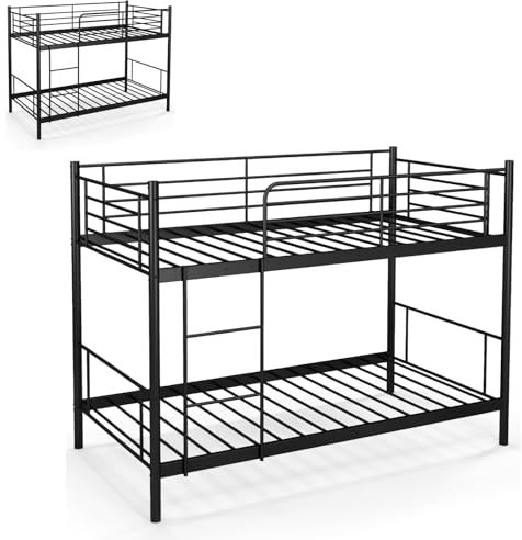 Multigot Bunk Bed, Metal Twin Sleeper Bed with Ladder & Safety Guardrails, Metal Slatted Single Bunk Bedstead for Adults Teenagers, No Box Spring Needed (Black)