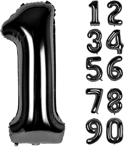 LAPONO Ballon Chiffre 1 Anniversaire Noir, Déco Ballons Hélium 1 An | Ballon 1 an fille ou garçon, aluminium 75 cm à plat, gonflable à l’air ou à l’hélium, valve auto-scellante, paille incluse