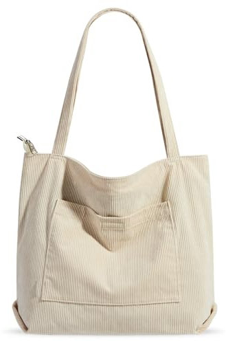 Vegena Cordtasche Handtasche Damen Große Umhängetasche Tote Bag Shopper Tasche Damen Schultertasche Stofftasche Schultasche für Schule Arbeit Einkauf (Beige)