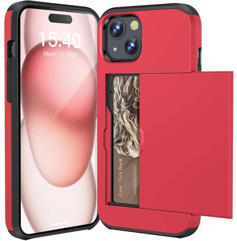 ACOCOBUY for iPhone 15 Case with Card Holder Sliding Cover Hidden Pocket IDs Credit Cards Slot Heavy Duty Shockproof Protective Dual Layer Wallet Phone Cover Back Shell for Men Women 6.1 inch Red
