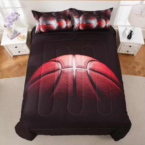 GRAT TIOC Sport-Bettwäsche-Set für Teenager, Jungen, Queen, Basketball-Bettwäsche-Set für Kinder, Sport, orangefarbenes Basketball-Bettwäsche-Set, schwarz, Teenager-Jungen, Schlafzimmer, Bett-Set