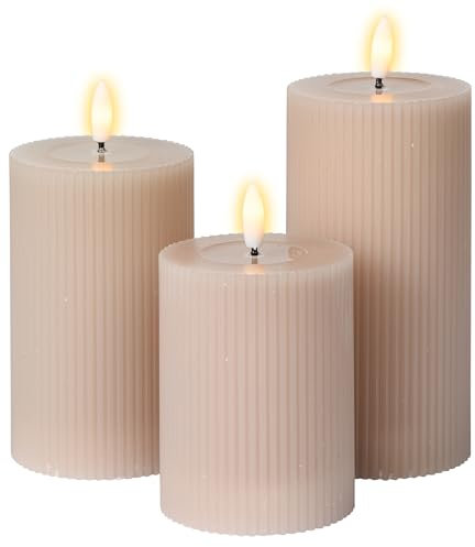 Meisterhome® 3er-Set Flammenlose LED Kerzen - Matera-Beige - Ribble Design Stumpenkerze - mit Fernbedienung – mit Timer - Batteriebetrieben – Warmweiß - 10/12,5/15 cm hoch - mit flackernder Flamme