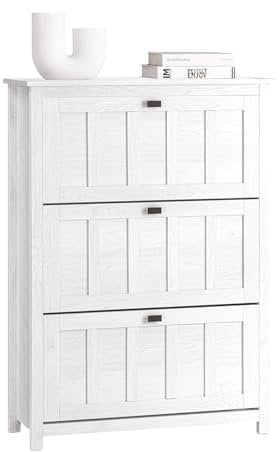 SoBuy Schuhschrank schmal Schuhkipper mit 3 Klappen – Platzsparendes Schuhregal geschlossen mit höhenverstellbaren Fächern – Für Flur, kleine Wohnungen – Weiß, 80×111×30cm, FSR162-W
