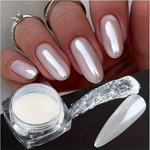 (2 Pack) Pearl Chrome Mirror Effect Nail Powder - Aurora Magic Pearlescent White High Gloss Glitter Nail Art, Holographic Ice Aurora Dust for Manicure Decorations