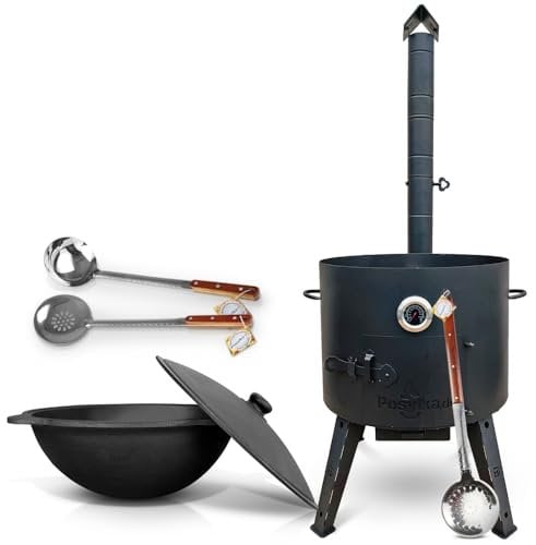 Utschak Feuerofen Ø 49 cm mit Thermometer Gusseisen Topf runder Boden mit Deckel (22 L) Ø 52,7 cm KazanoFF, Учаг, Kazan Outdoor, Feuerschale, Camping, Kazan, Gulaschkanone Dutch Oven (Set 4)