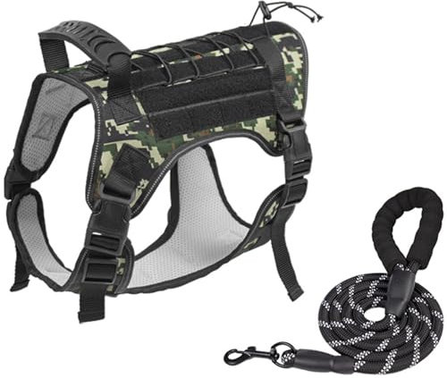 No Pull Sicherheitsgeschirr, Hundegeschirr, Taktisches Hundegeschirr Mittelgroße Hunde, Hunde Brustgeschirr Leine Rucksäcke Set Mit Griffe Für Große/Mittlere Hunde,Camo,M
